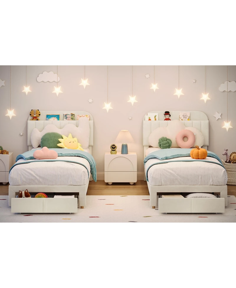 Homfan Soft Upholstered Twin Bed Frame for Kids - Storage Drawer and Bookcase Headboard