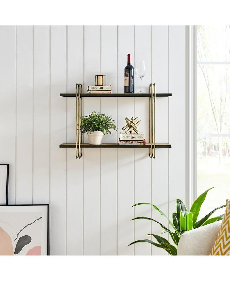 Danya B Two-Tier Gold and Washed Oak Bracket Wall Shelf