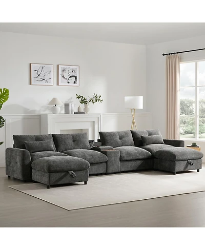 Streamdale Furniture 136" Modular Sectional Sofa with Console, Cup Holder & Usb Charger, Ottoman