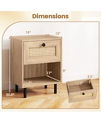 Sugift Boho Rattan Nightstand with Drawer and Open Display Shelf