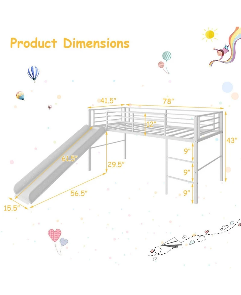 Gouun Twin Metal Loft Bed with Slide, Built-In Ladder and Safety Guardrails