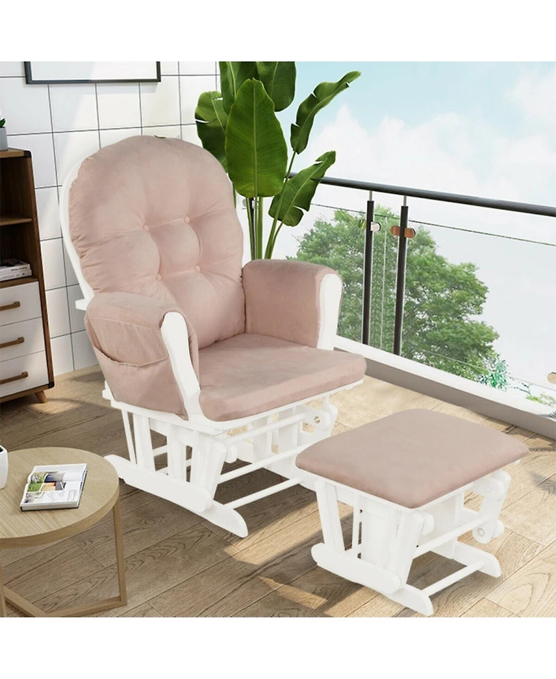 Gouun 29.5 x 28.5 in. Wood Glider with Ottoman, Storage Pocket and Detachable Cushion