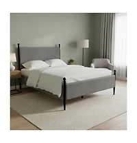 Homfan Modern Corduroy Upholstered Bed Frame with Vertical Striped Headboard, Wooden Slats, Metal Legs