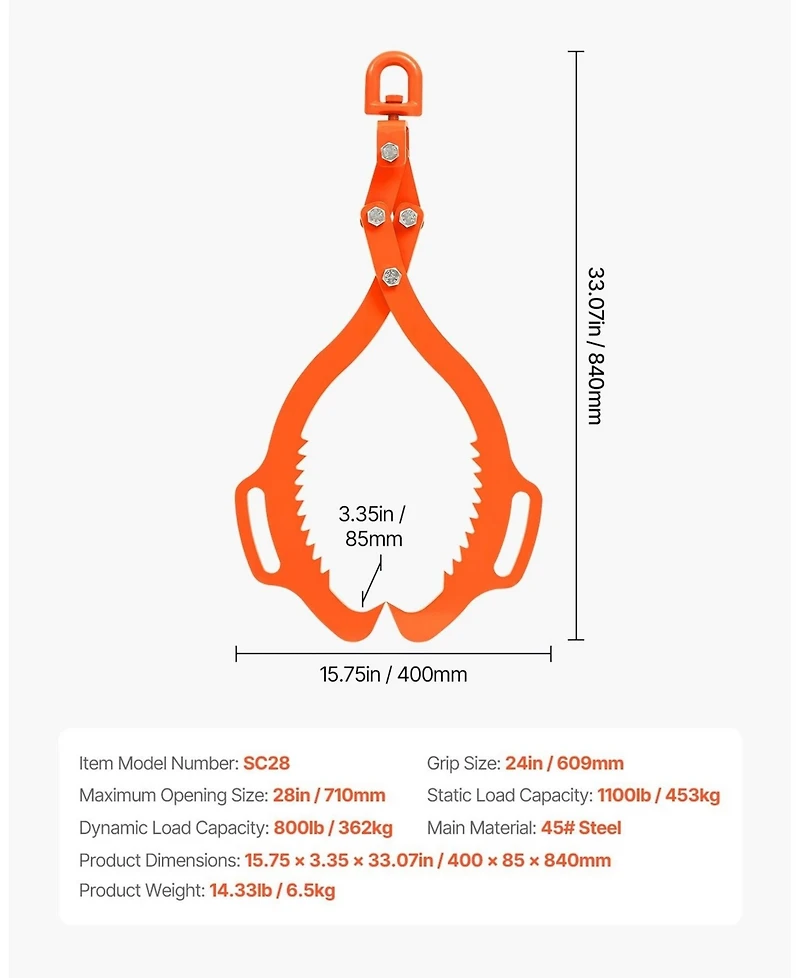 Sugift 28inches Log Lifting Tongs, 2-Claw Steel Grapple, 1100LBS Capacity for Trucks