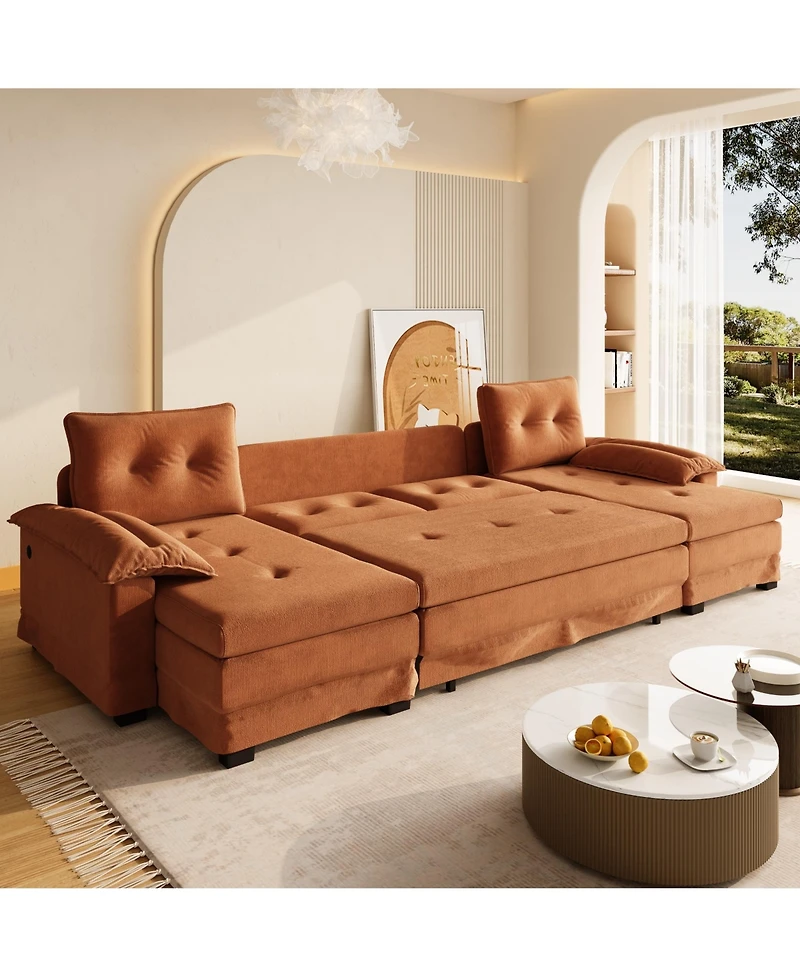 Rainsken 109.5" Convertible U-Shaped Sofa, Oversized Modular Sectional Sleeper with Pull Out Bed, Removable Armrests and Usb Ports for Living Room