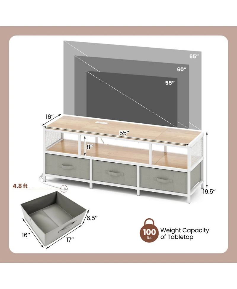 Gouun 55 in Tv Stand with Power Outlets and Fabric Storage Drawers