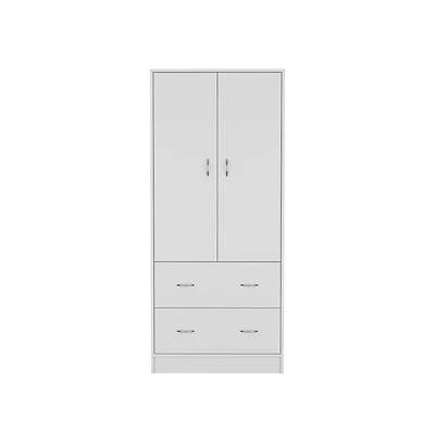 Flynama Edie Armoire White Bedroom Storage Organizer with Clothing Rod Upper Shelf and Lower Drawer