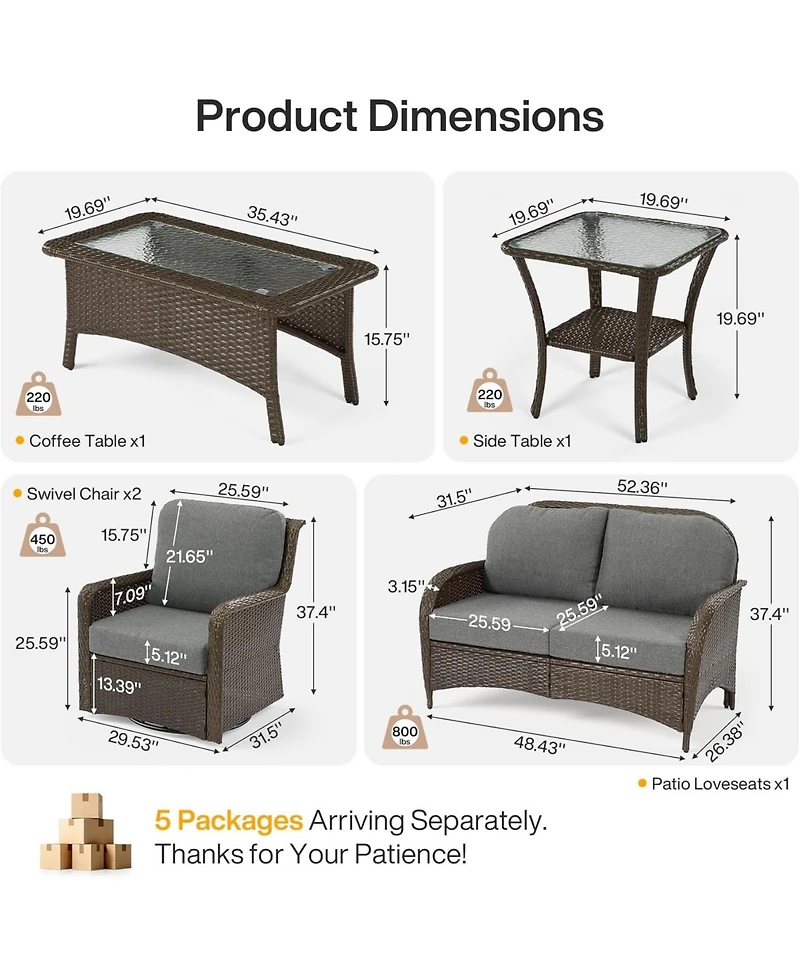 Tribesigns 5-Piece Outdoor Wicker Patio Furniture Set with 2 Swivel Chairs, 1 Loveseat and 2 Tables, Rattan Conversation Set with Cushions