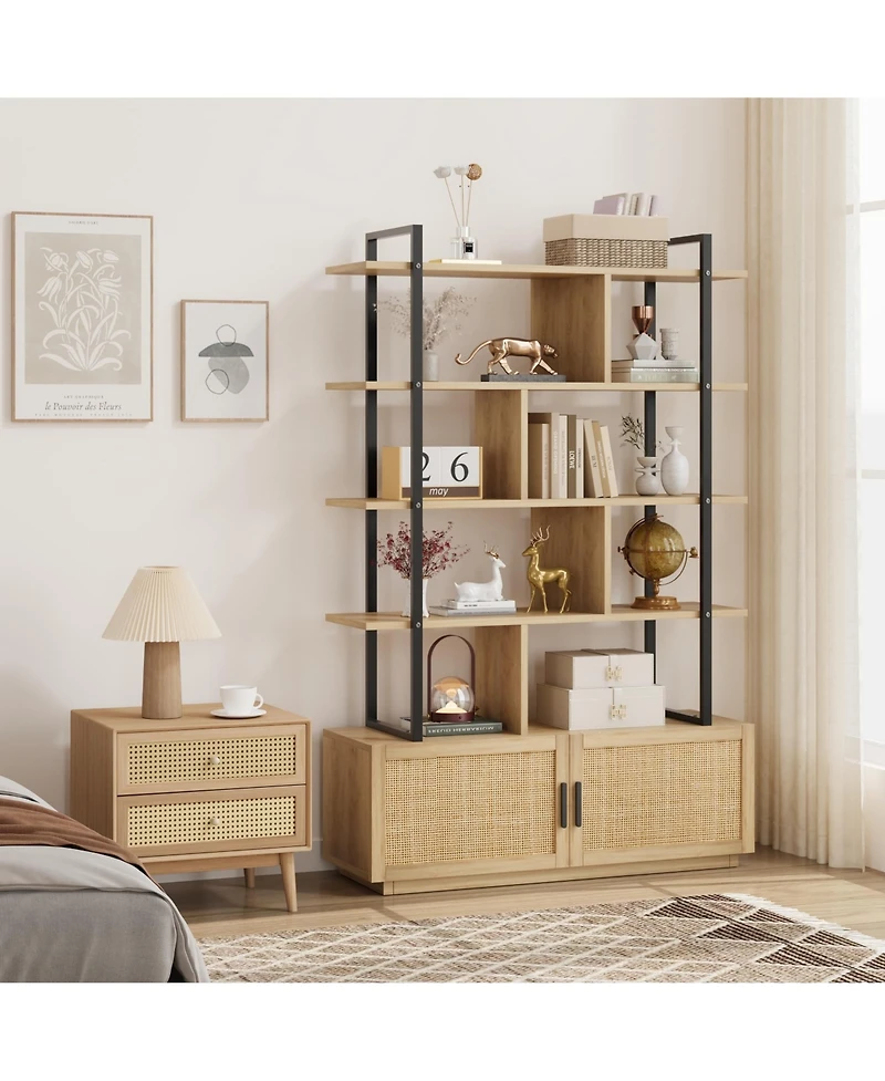 gaomon 5-Tier Tall Rattan Office Bookshelf - 71.1" Industrial Bookcase - Storage Cabinet with Door - Metal Frame, Open Display Shelves