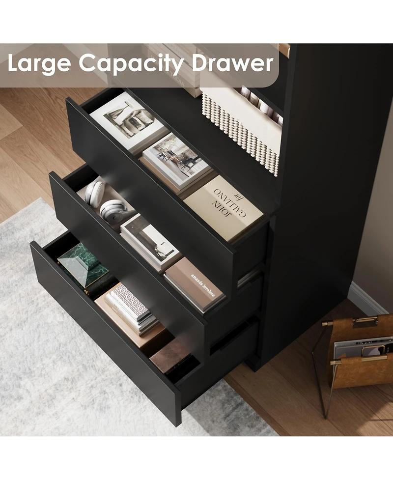 gaomon Industrial Tall Bookcase with Doors and Drawers, 5-Tier Wooden Bookshelf, Metal Frame Storage Rack