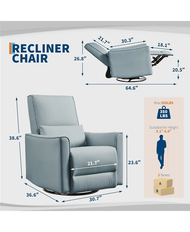 gaomon 360degree(s) Swivel Rocking Recliner Chair, Manual Fabric Glider with Lumbar Support, Padded Armrests, Footrest, Living Room