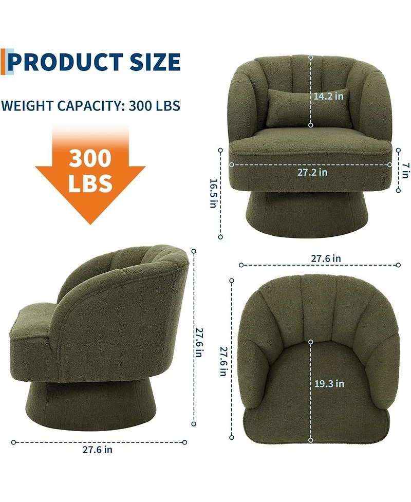 gaomon Swivel Barrel Chair, Teddy Bear Velvet Upholstered Modern Armchair with Striped Backrest and Plush Padding, Round Lounge Chair