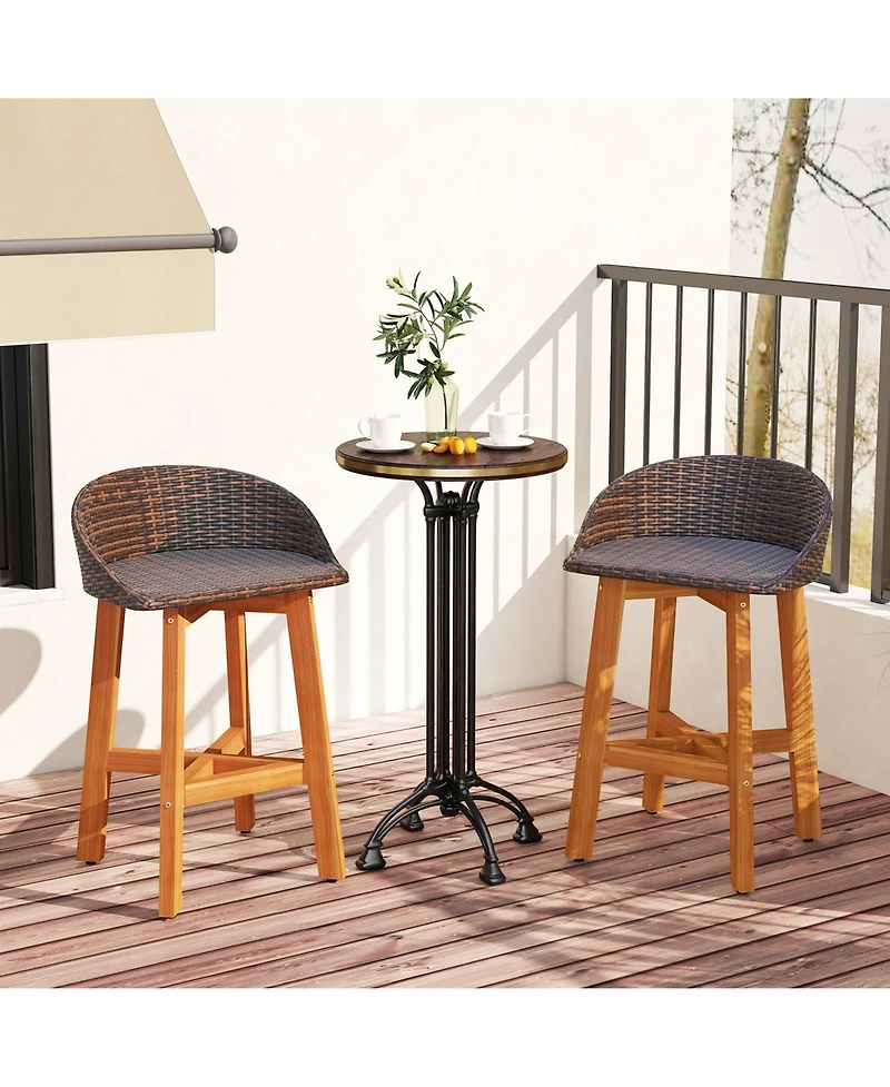 Gouun Set of 2 Acacia Wood and Rattan Outdoor Bar Chairs with Footrests