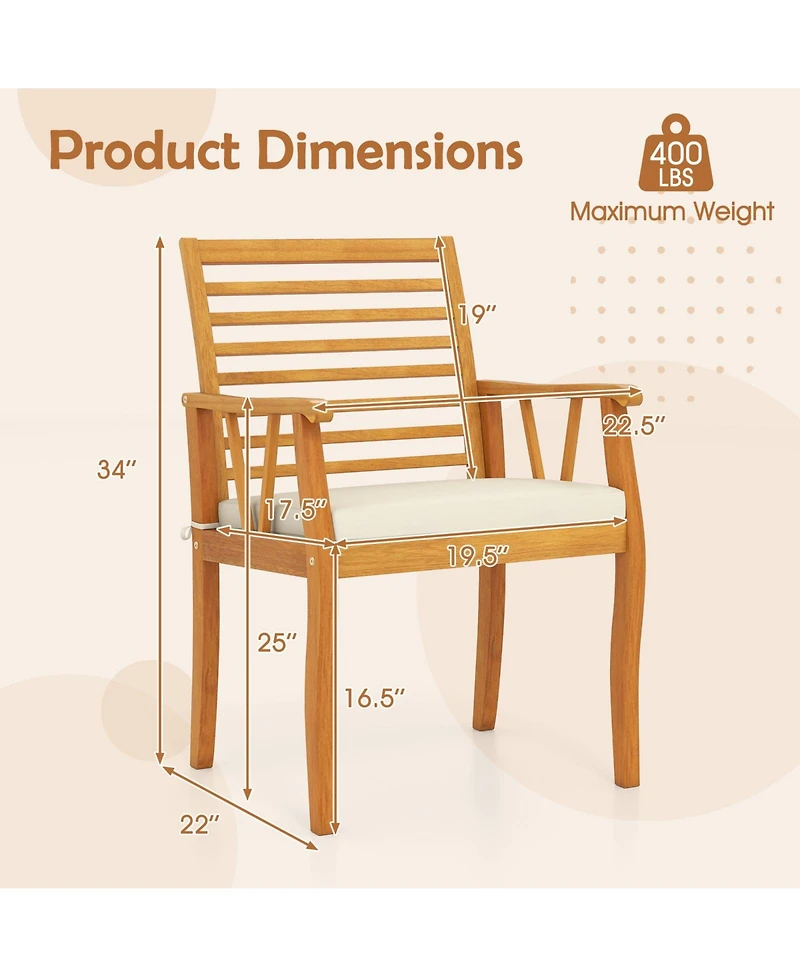 Gouun Set of 2 Acacia Wood Outdoor Dining Armchairs with Removable Cushions