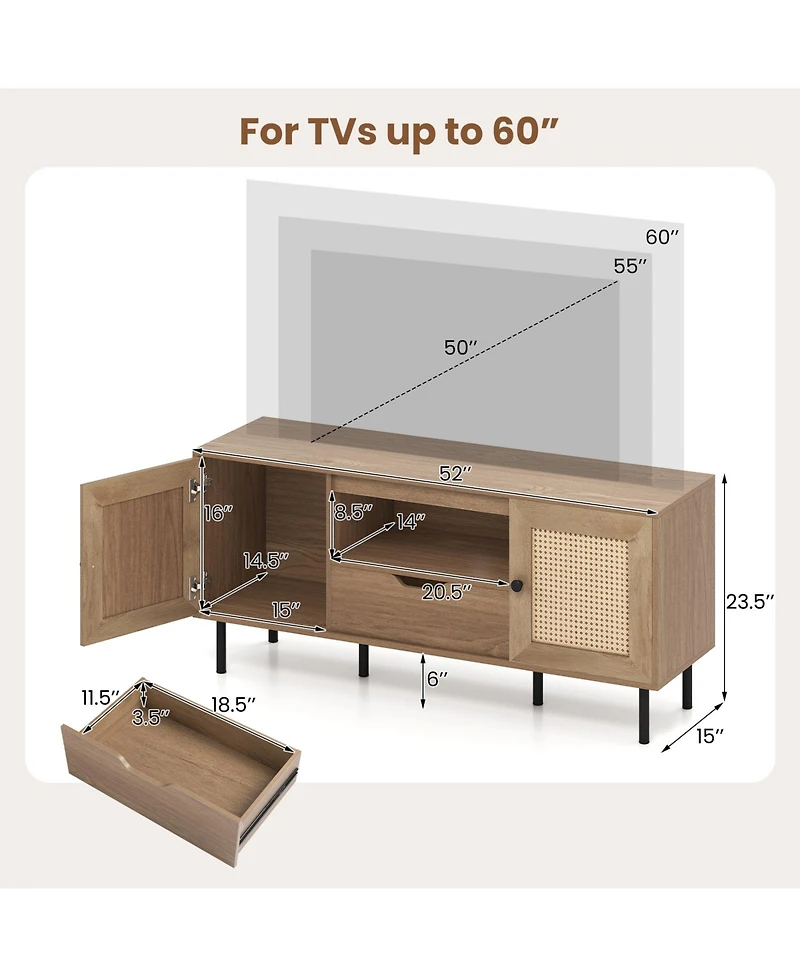 Gouun Boho 52-Inch Pe Rattan Tv Stand with Cabinets and Drawer