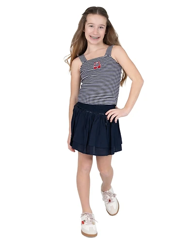 Tween Diva Girls' 7-16 Embroidered Graphic Striped Tank, Woven Skort and Ribbon, 3-Piece Set