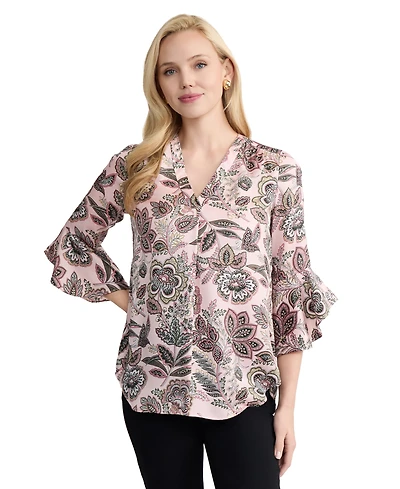 Jones New York Women's Kelly Printed Flutter-Sleeve V-Neck Polyester Blouse