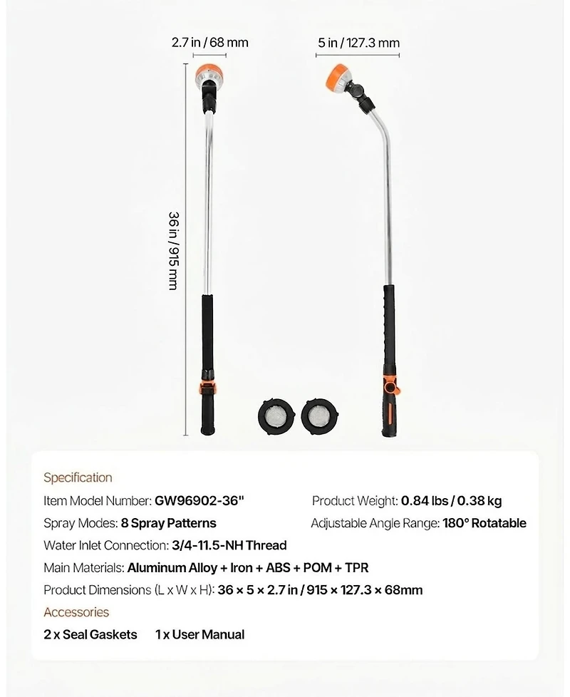 Sugift Watering Wand, 36-Inch, 8 Spray Patterns, Heavy Duty Garden Hose Nozzle