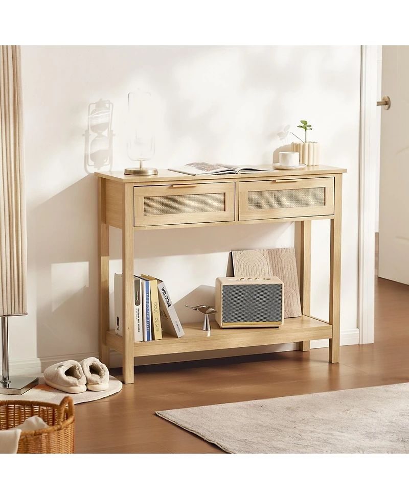 Gouun Rattan Console Table with 2 Drawers and Sliding Door