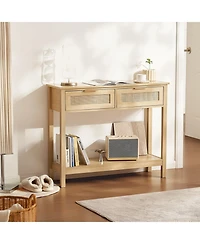 Gouun Rattan Console Table with 2 Drawers and Sliding Door