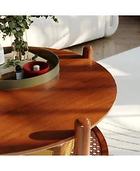 Rainsken Round Coffee Table, 2-Tier Rustic Wood Center Table with Boho Woven Rattan Storage Shelf for Living Room