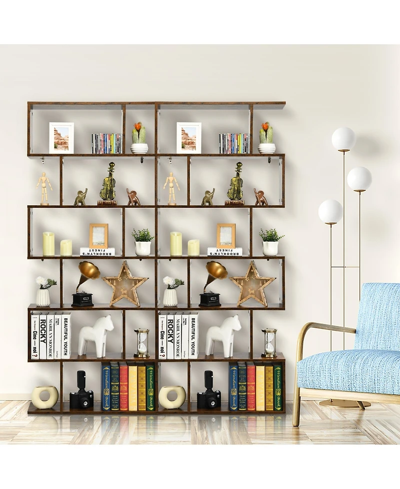 Gouun 6-Tier S-Shaped Display Bookshelf with Open Compartments, 31.5 x 9 x 75
