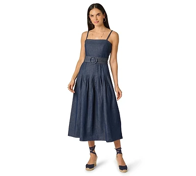 Adrianna Women's Pintucked Square Neck Cotton Denim Midi Dress