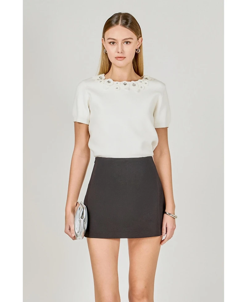 endless rose Women's Floral Detail Short Sleeve Sweater