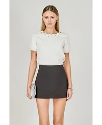 endless rose Women's Floral Detail Short Sleeve Sweater