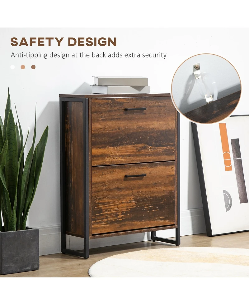 Homcom Rustic 2 Flip Door Shoe Cabinet with Divider and Open Shelf