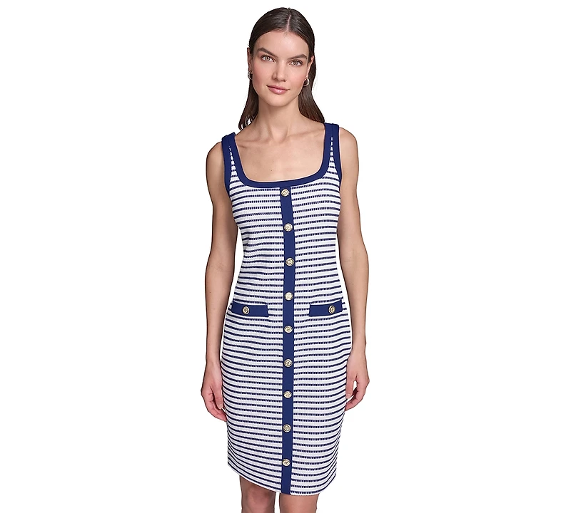 Karl Lagerfeld Paris Women's Striped Knit Square Neck with Button Detail Dress