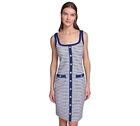 Karl Lagerfeld Paris Women's Striped Knit Square Neck with Button Detail Dress
