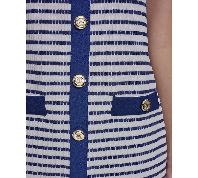 Karl Lagerfeld Paris Women's Striped Knit Square Neck with Button Detail Dress