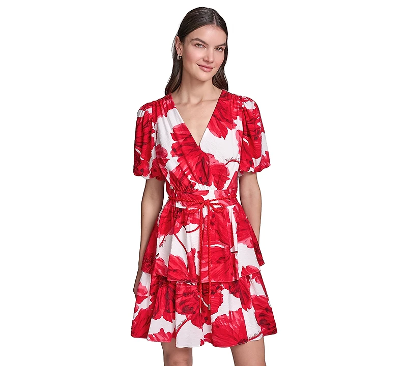 Karl Lagerfeld Paris Women's Crinkle Woven Puff Sleeve Fit and Flare Dress