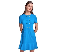 Karl Lagerfeld Paris Women's Short-Sleeve Scuba Crepe with Flounce Hem and Button Dress