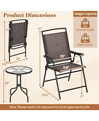 Gouun 3-Piece Patio Bistro Set with Round Tempered Glass Table and Folding Chairs