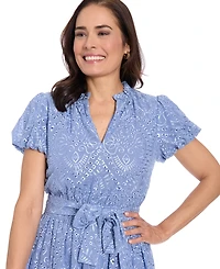 London Times Petite Ruffle Neck Bubble-Sleeve Elastic Waist Midi Dress