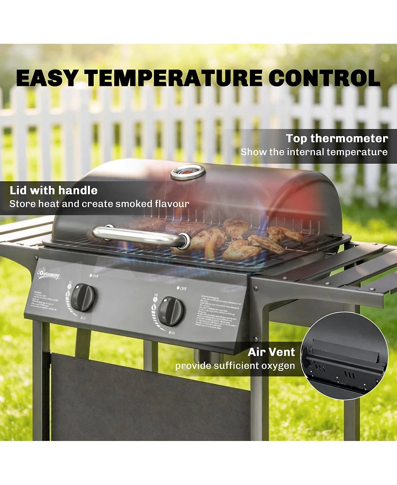 Outsunny 2 Burner Propane Gas Grill, 18000 Btu Bbq Grill with Wheels,