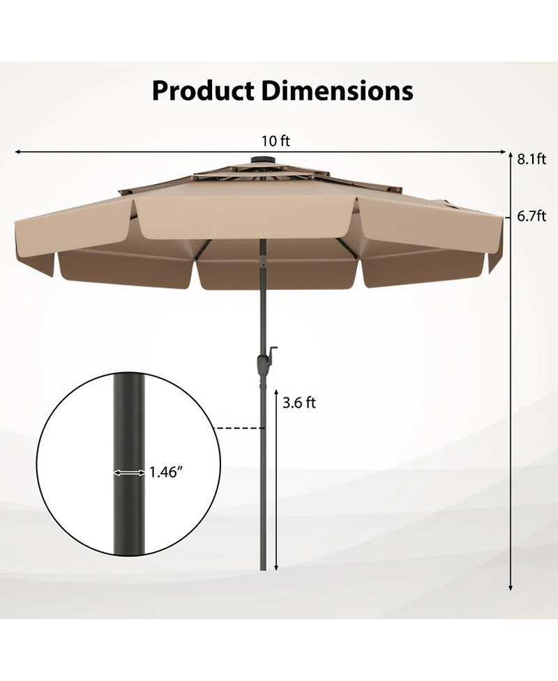 Gouun 10 ft Solar Led Patio Umbrella with Three-Tier Vented Top Ruffled Edges and Crank