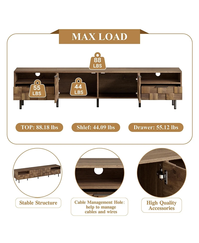 Rainsken Mid-Century Modern Tv Stand for TVs, Media Console Table with 2 Drawers, 4 Storage Compartments for Living Room