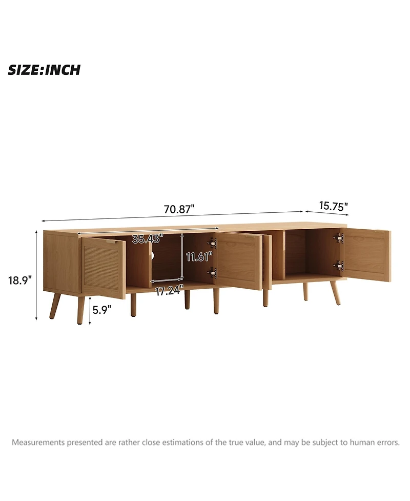 Rainsken 70 Inch Tv Stand with Rattan Doors for TVs , Modern Wood Entertainment Center with Storage Cabinets and Cable Holes for Living Room