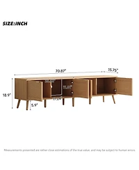 Rainsken 70 Inch Tv Stand with Rattan Doors for TVs , Modern Wood Entertainment Center with Storage Cabinets and Cable Holes for Living Room