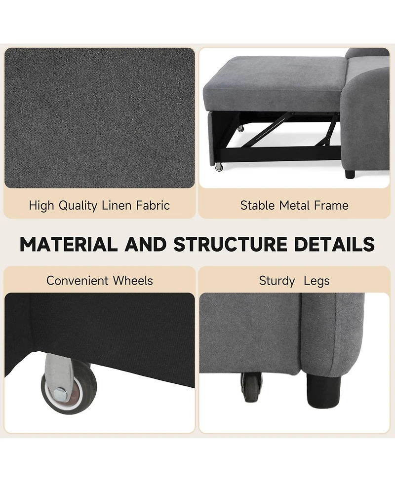 Rainsken Convertible Sleeper Sofa Bed, Soft Cotton Linen Sleeper Chair with Pillow and Side Pocket, Upholstered Folding Couch for Living Room