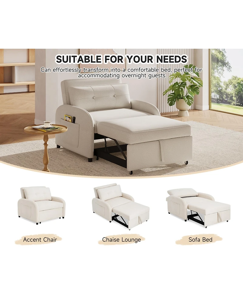 Rainsken Folding Convertible Sleeper Couch, Breathable Cotton Linen Sofa Bed with Back Pillow and Storage Side Pocket for Living Room