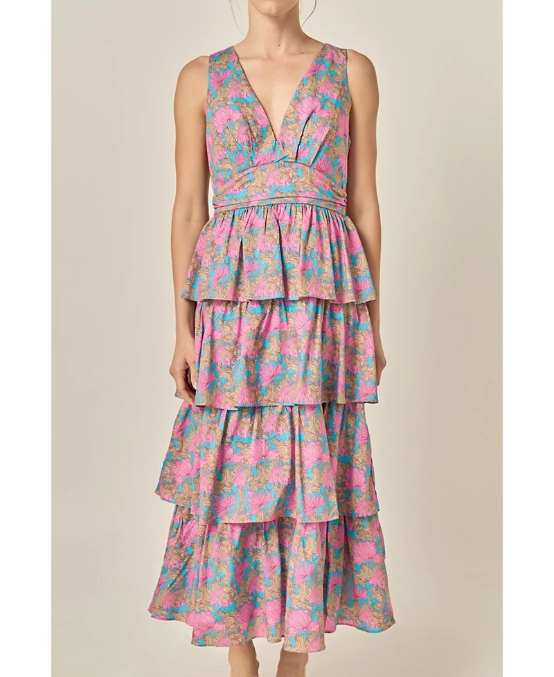 English Factory Women's Deep V-neck Tiered Maxi Dress