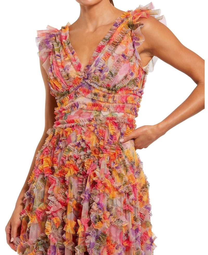 Mac Duggal Petite Multicolor Floral V-Neck Ruffle Maxi Dress