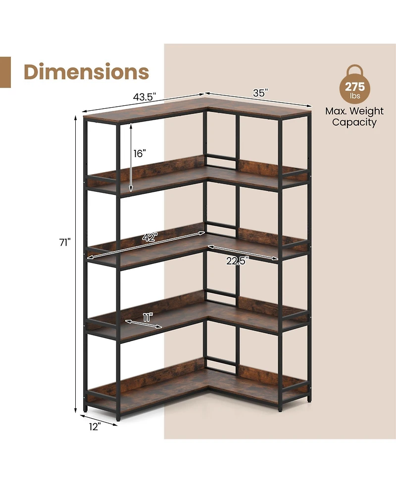 Gouun 5-Tier L-Shaped Corner Bookshelf with Metal Frame, 43.5 x 35 x 71