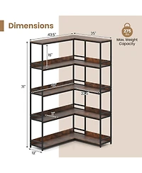 Gouun 5-Tier L-Shaped Corner Bookshelf with Metal Frame, 43.5 x 35 x 71