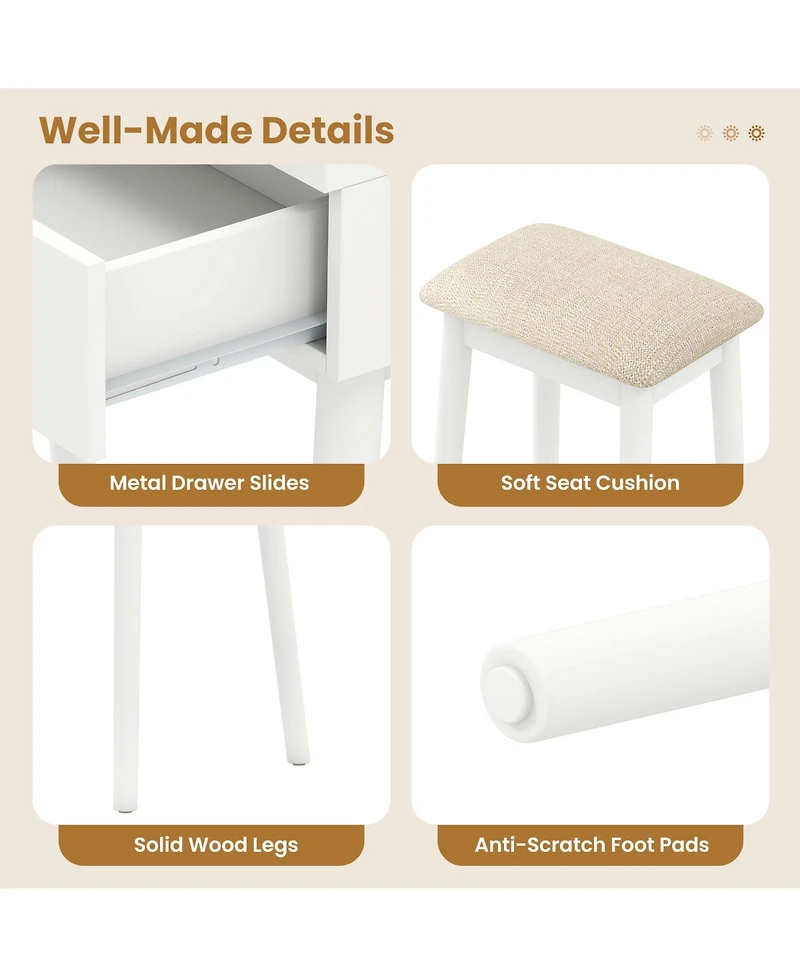 Sugift Small Vanity Makeup Dressing Table Set with Cushioned Stool and Led Lighted Mirror