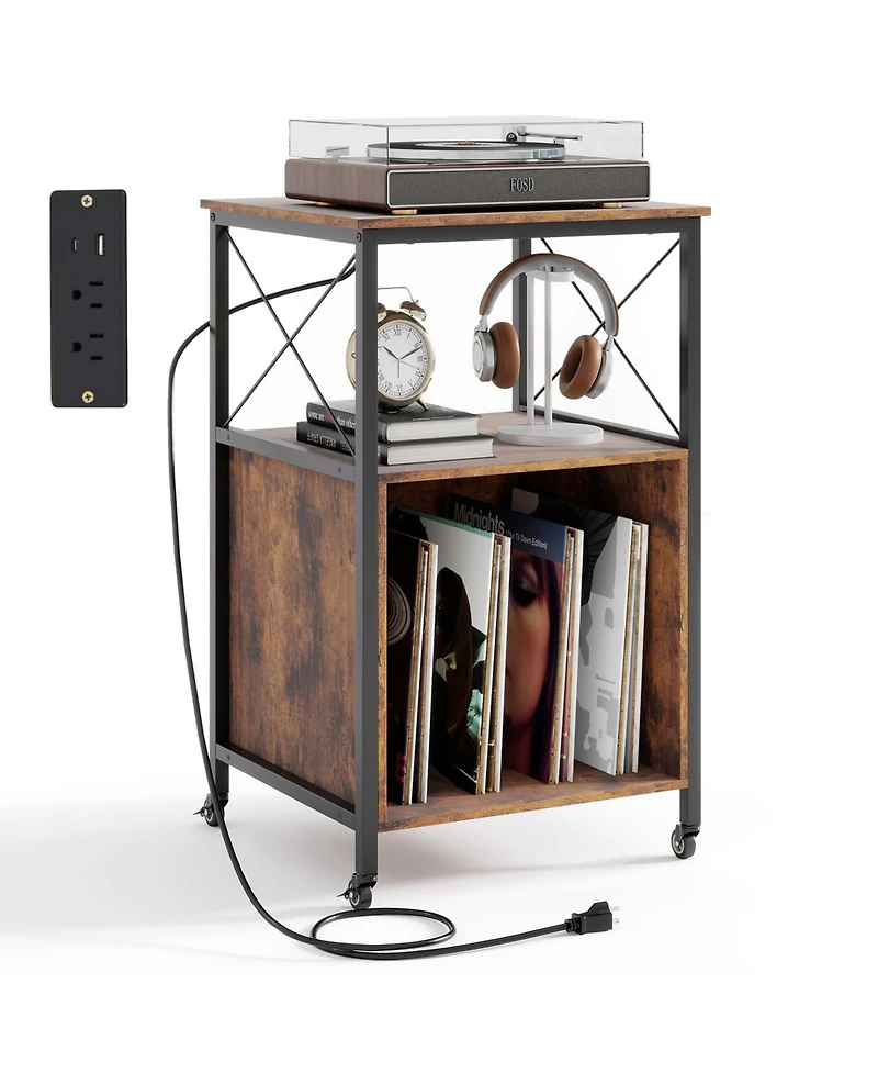 Sugift Mobile Record Player Stand with Power Outlet with Open Shelf and Dividers